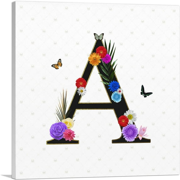 ARTCANVAS Flower Plant Butterfly Alphabet Letter A Canvas Art Print - Size: 26" x 26" (0.75" Deep)