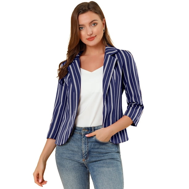 Blazer De Solapa Con Muescas Y Mangas 3/4 A Rayas Para Mujer Azul profundo L