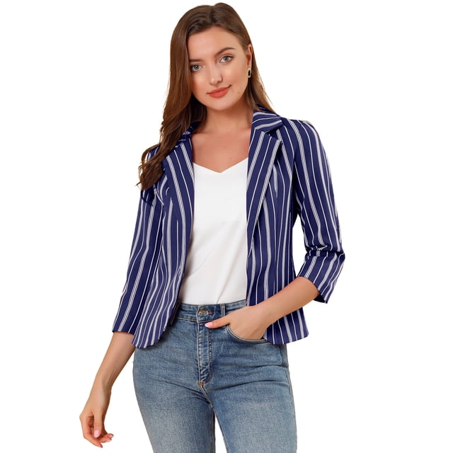 Blazer De Solapa Con Muescas Y Mangas 3/4 A Rayas Para Mujer Azul profundo S