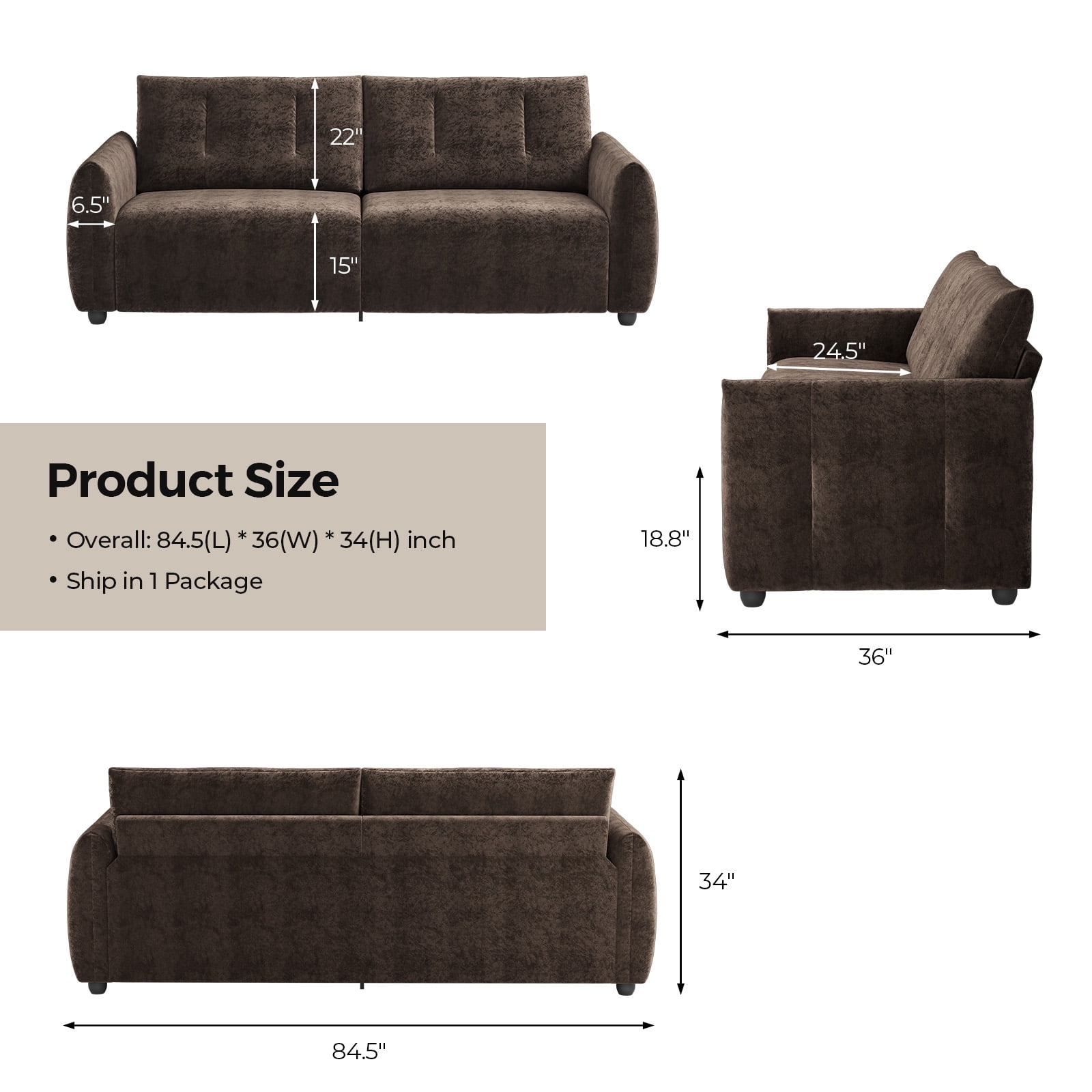 COPIAE 84.5 Inch Loveseat Sofa, Modern Couch and Sofa, Feather-tip armrest design, Sturdy and Easy Installation, Small Sofa for Living Room Bedroom Office and Apartment, Chenille Fabric,Dark Brown