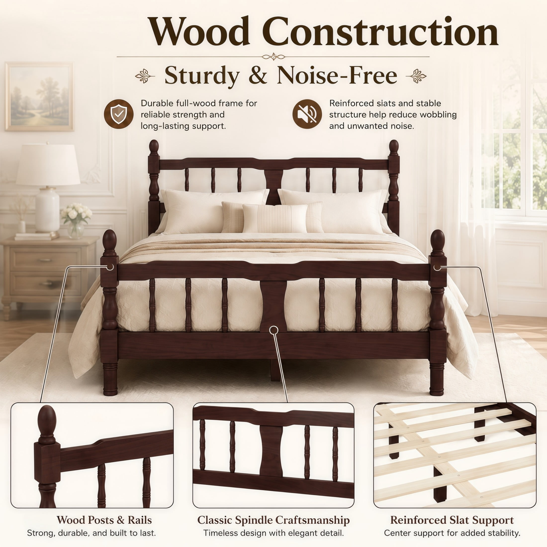 GDF Studio Betty Full Size Wooden Platform Bed Frame with Spindle Headboard, Traditional Farmhouse Style, Dark Walnut