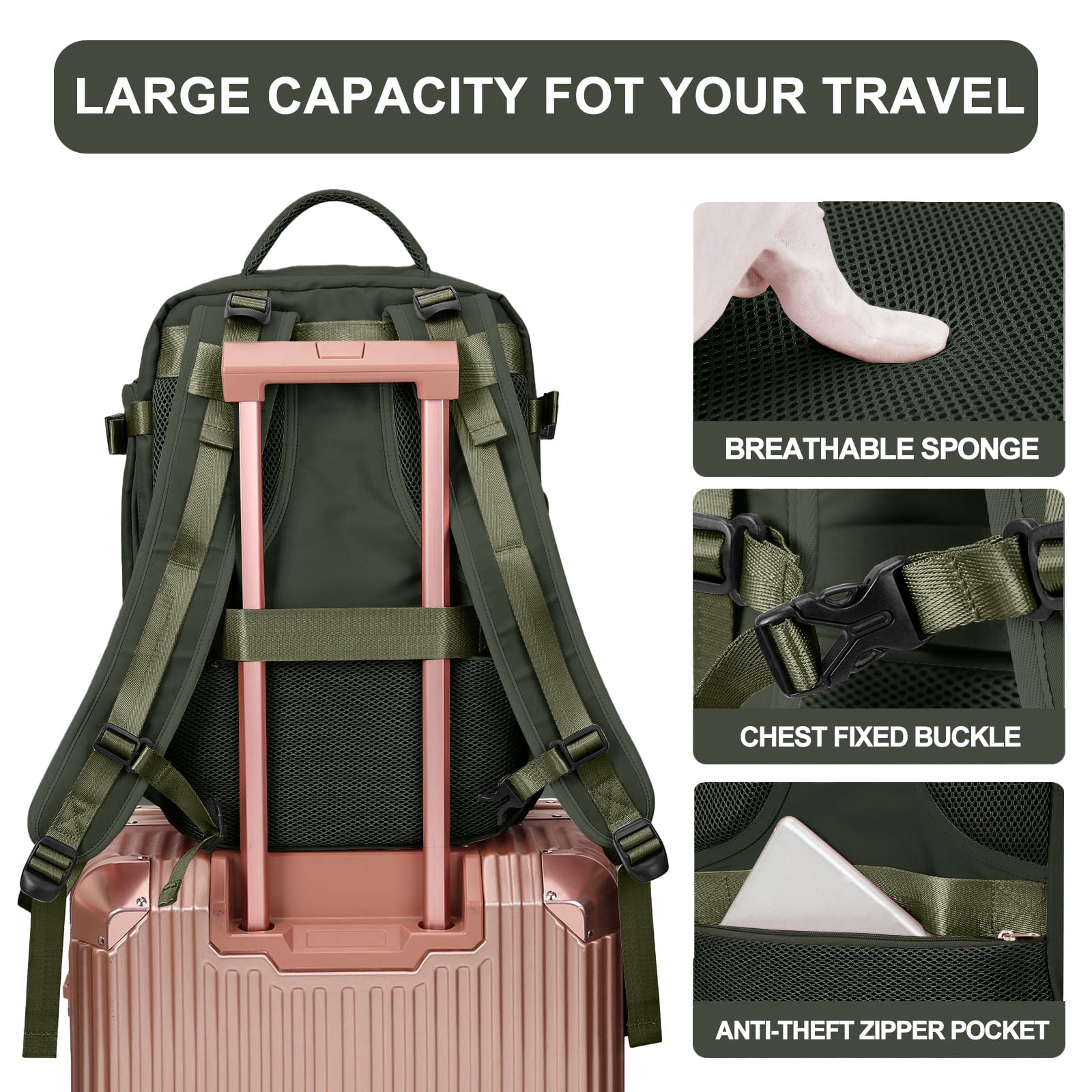 DAKIMOE Large Travel Backpack for Women Men Laptop Bag Airline Approved Carry On Backpacks Waterproof Anti Theft Gym Bags Hiking Flight Approved Luggage Casual Daypack, Large, Army Green