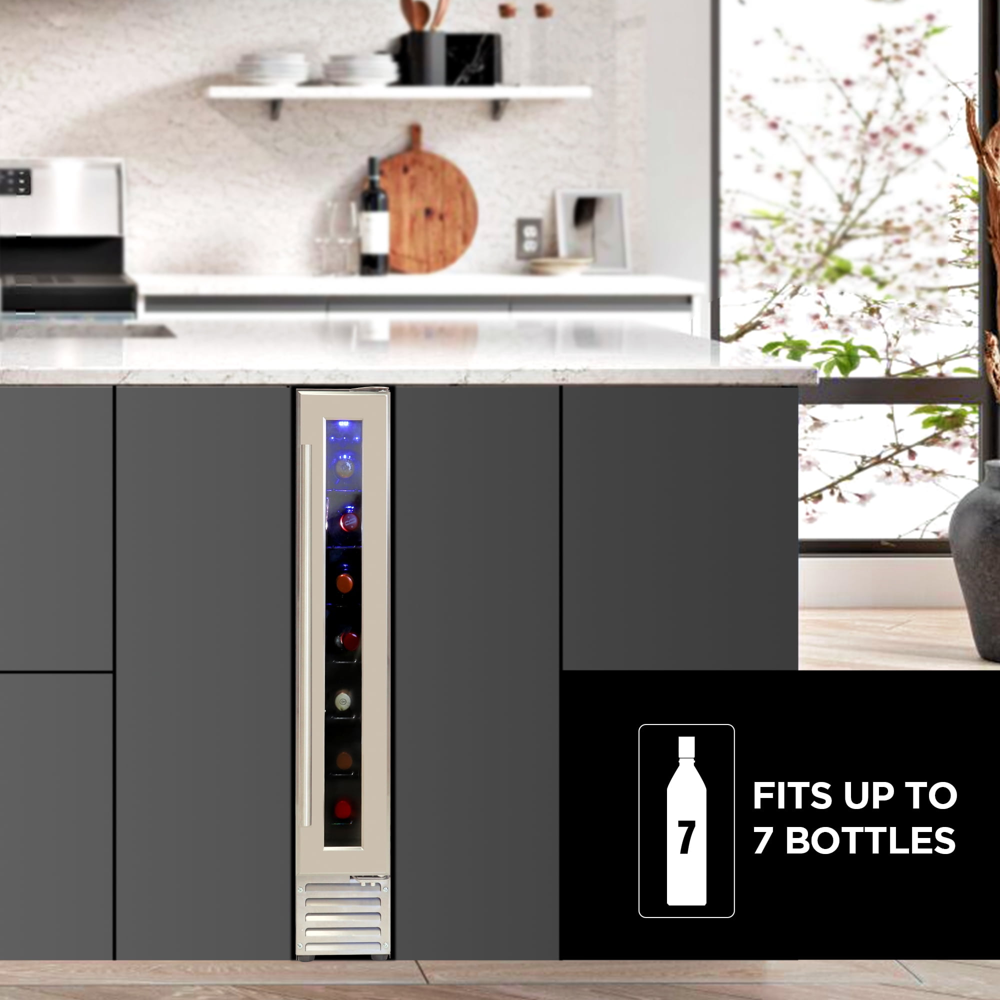 Koolatron 7 Bottle Slim 6 Inch Built-In Under-Counter Wine Fridge w/ Stainless Steel Door Frame