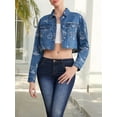 thumbnail image 5 of Women'S Cropped Butterfly Printed Denim Jacket Button Down Long Sleeve Fitted Crop Top Jean Coat Blue S, 5 of 9
