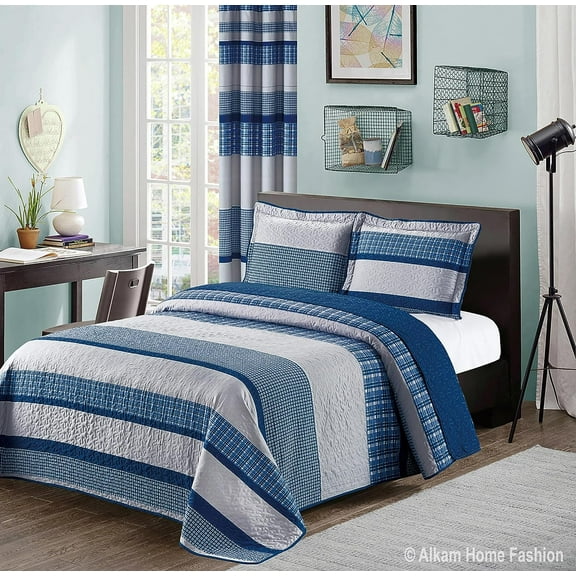 Blue and Gray Modern Plaid 2-Piece Twin Bedspread and Pillow Sham Set | Matching Curtains Available