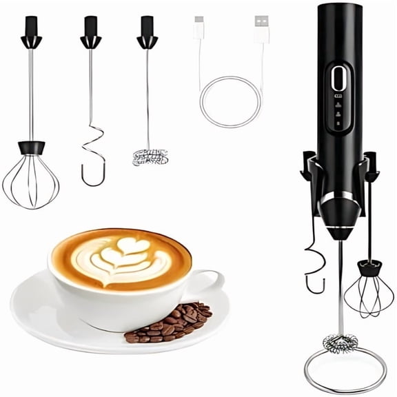 Rechargeable Milk Frother Handheld with 3 Whisk Heads & Stand, 3‑Speed Electric Mixer for Latte, Matcha, Cappuccino, Protein (Black)