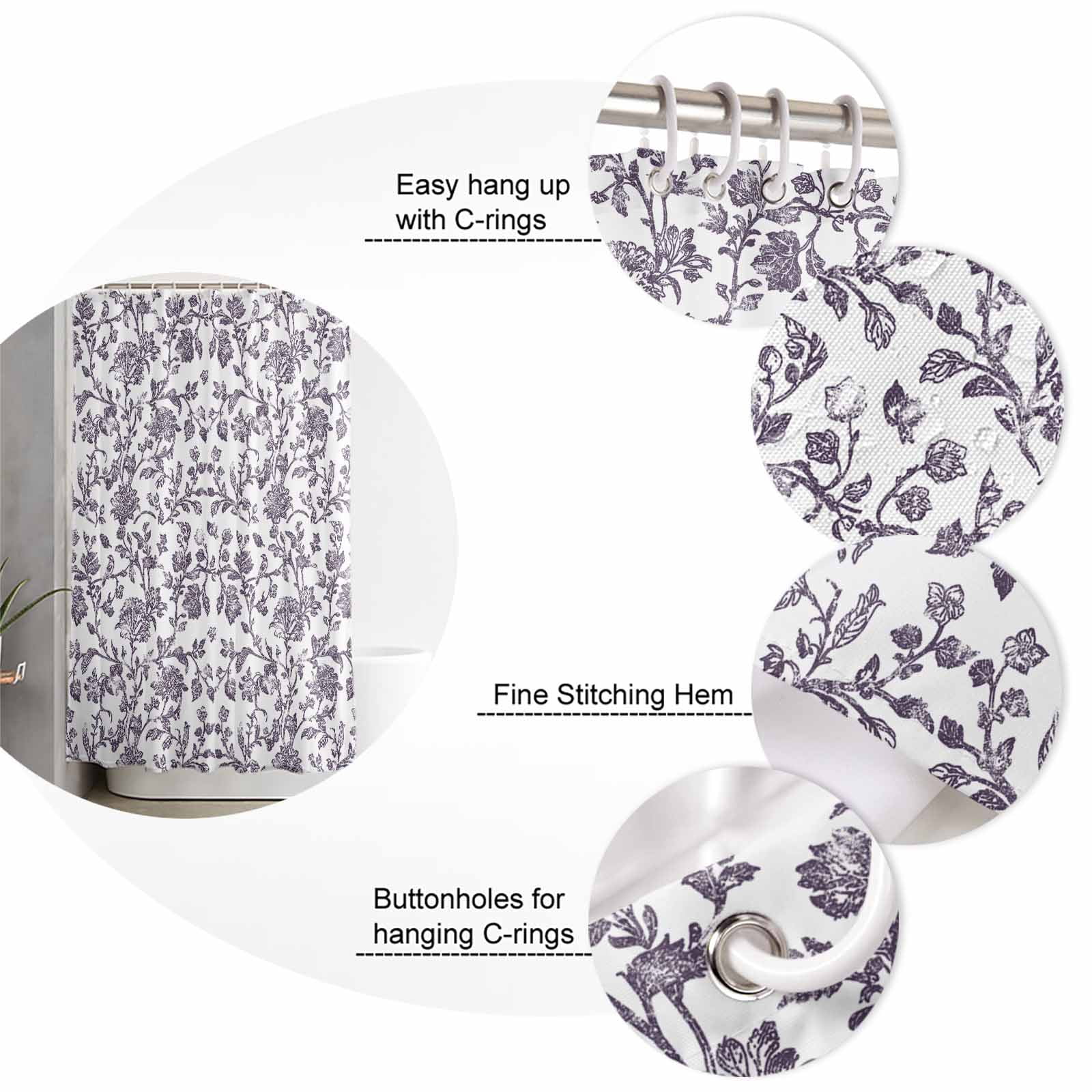Extra Long Shower Curtain 72x96 Inch, Purple Flower Shower Curtain Waterproof Bathroom Decor Vintage Farmhouse Boho Leaf Spring Plant Fabric Bath Curtain Set Accessories with Hooks