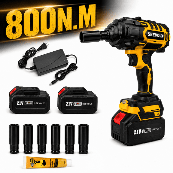 SEEVOLX Cordless Impact Wrench, 800N.m (590Ft-lbs) Brushless High Torque Impact Gun, 3 Variable Speeds with 21V Battery for Auto Tire Repair