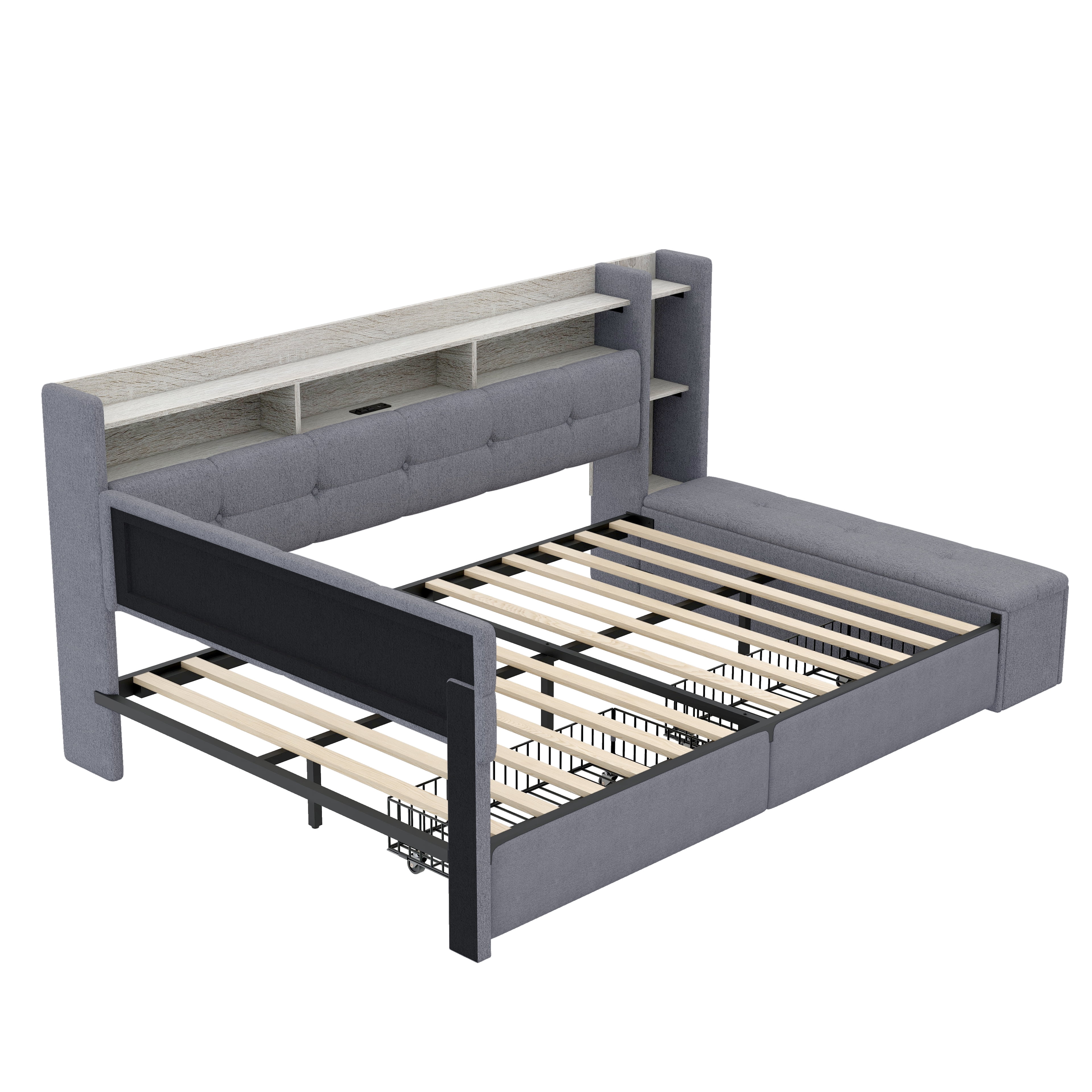 Euroco Upholstery Full Size Daybed with Drawers, Storage Sofa Bed with Footstool and Shelves, LED Light and USB Charging, Grey