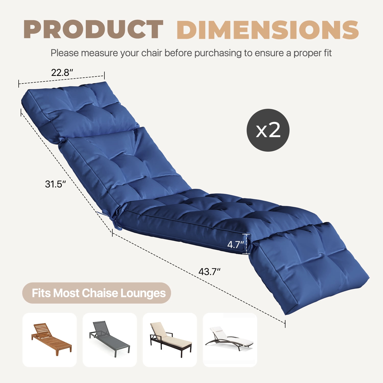 BaPiPro Set of 2 Upgraded 4-Segment Chaise Lounge Cushions, All-Weather Tie Fastened Pads with Plush PP Cotton, for Patio, Poolside & Balcony, Navy Blue