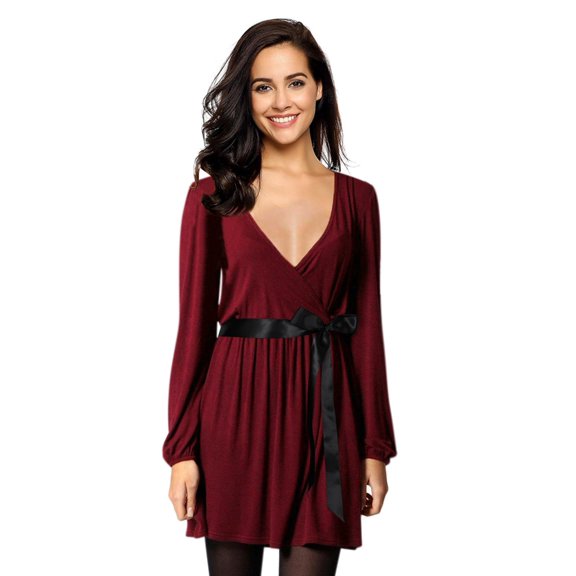 Leadingstar Women Solid Long Sleeve Elastic Waist Wrap V-Neck Fit Flare Dress Burgundy L