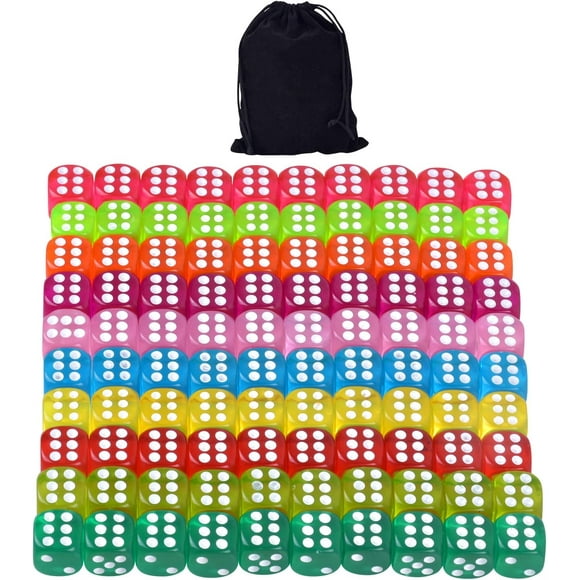 HAHADAXA 100 Pcs 6 Sided Dices Set, 14mm Standard Game Dice 10 Colors Acrylic Dice Round Corner Dice Spot Dice Set with Velvet Bags for Bar KTY Party Game Supplies