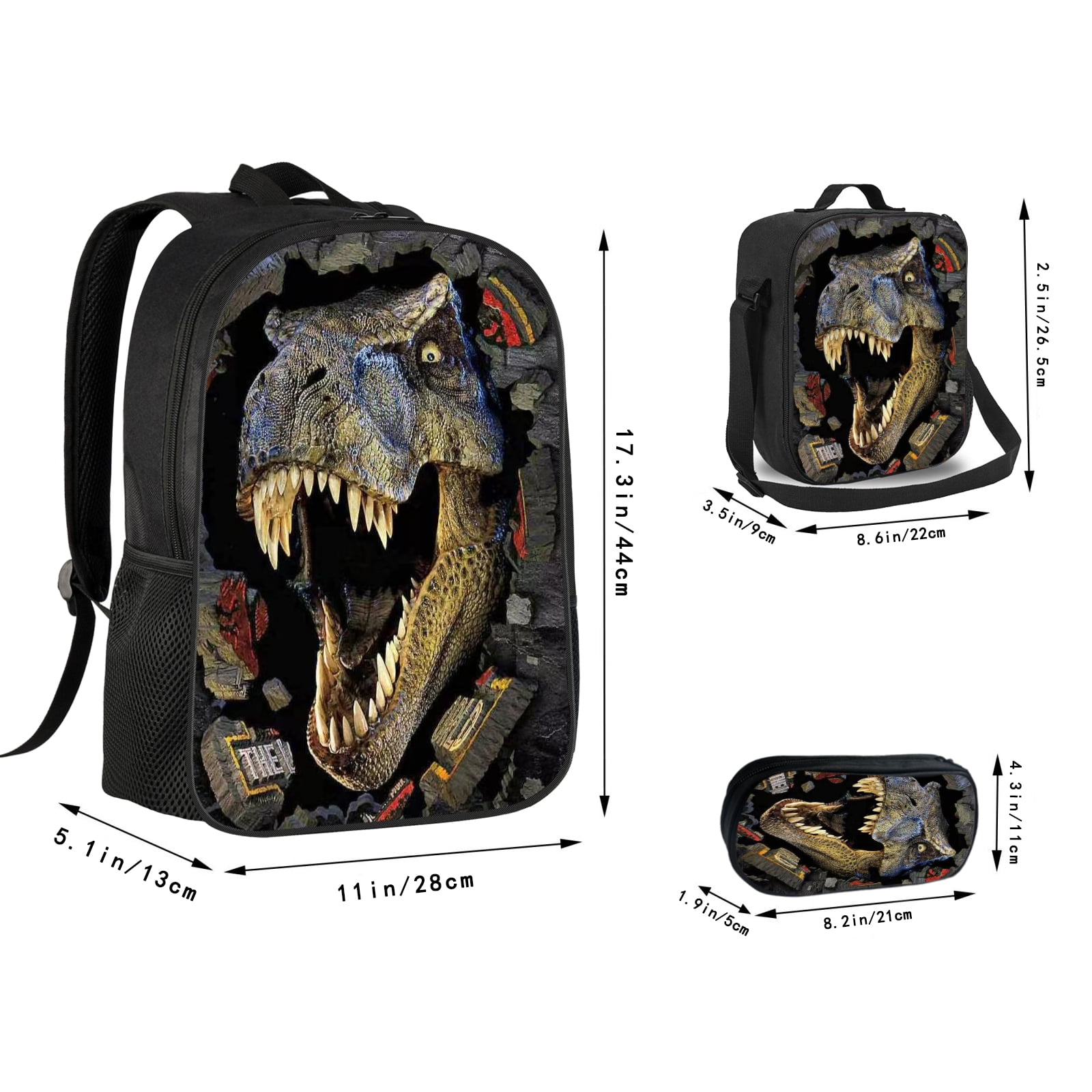 Dinosaur Backpack with Insulated Lunch Bag and Pencil Case, 3 in 1 Backpack Set, Laptop Backpack, Nylon Material, 17 Inch