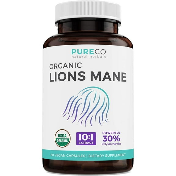 Pure Co Organic Lion’s Mane Supplement, 10:1 Lion’s Mane Extract for Energy, Memory & Focus, 60 Caps