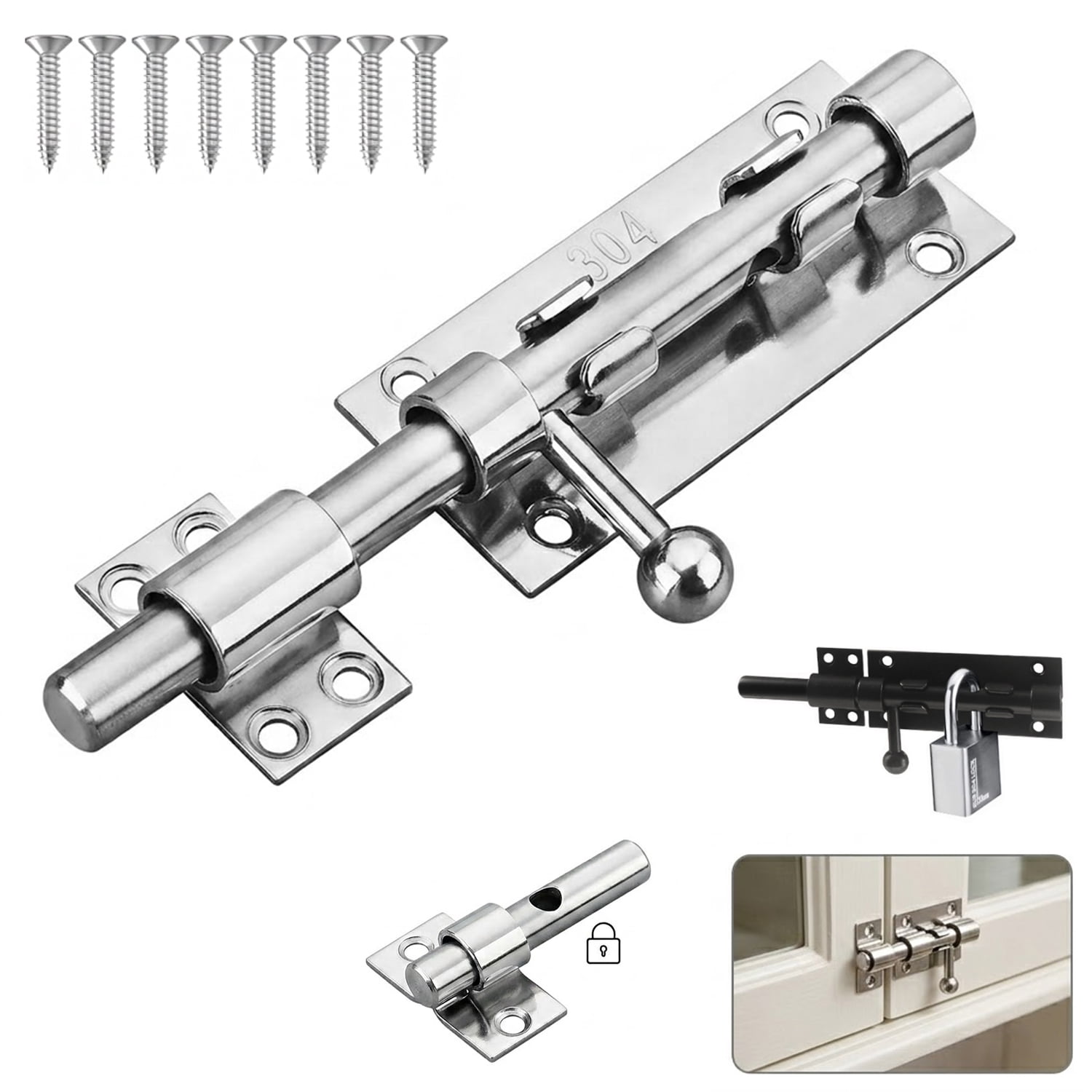4.13" Heavy Duty Barrel Bolt Latch, 304 Stainless Steel Slide Bolt Gate Lock with Padlock Hole, Security Door Latch Hardware for Barn, Fence, Shed, and Garage
