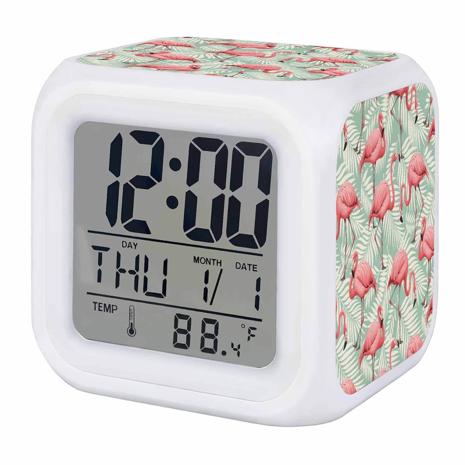Alarm Clocks Pink Flamingo Digital Clock 7 Color LED Night Light Silent Non Ticking Battery