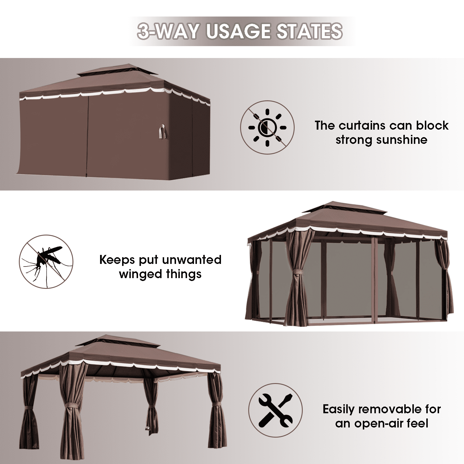 Gaptain 10×12 FT Deluxe No Screws Gazebo,Double Roof Outdoor Shelter Tent with Mosquito Nettings and Privacy Screens, Brown