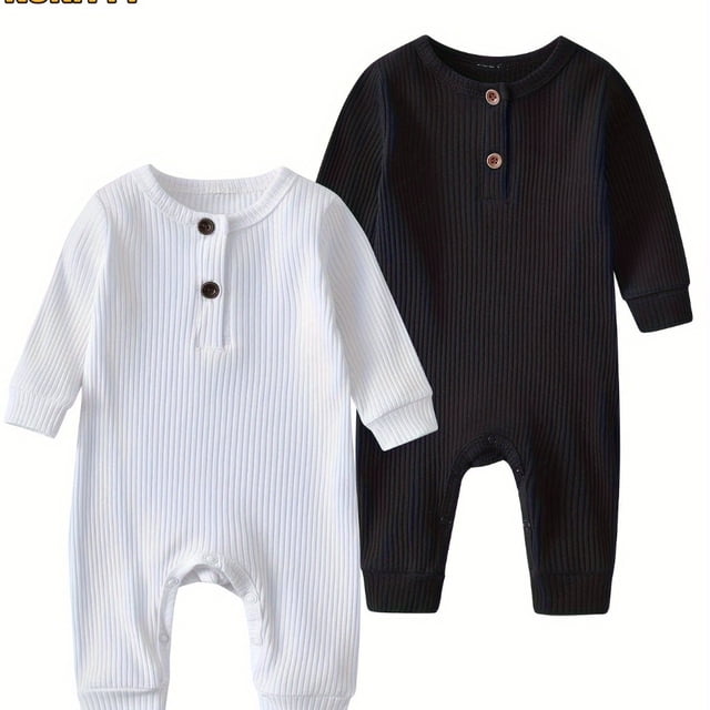 Chok 2 Pcs KuKitty Long Sleeve Solid Color Romper - Baby Boy Girl One Piece Jumpsuit Outfits with Ribbed Design for Comfortable Clothing
