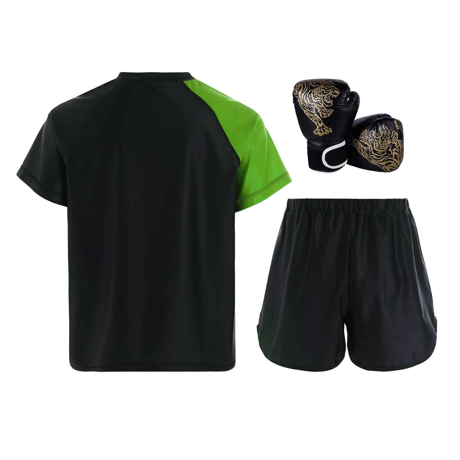 Hansber Kids Boxing Outfit Kick Boxing Uniform Athletic T-Shirt Top with Muay Thai Shorts Trunks Boxing Gloves Set Green&Black 10