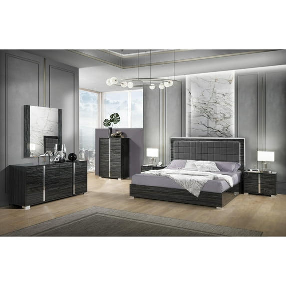 J&M Furniture Alice Bedroom Collection in Matte Grey with 6 piece king bed, chest, dresser, mirror and 2 nightstand, king bedroom set