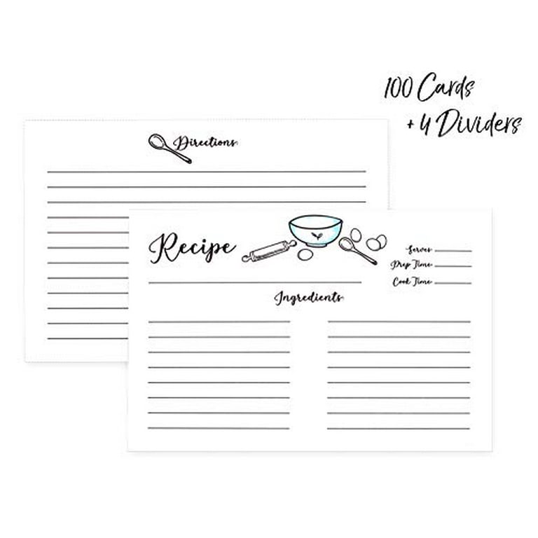 4 x 6 White Recipe Cards Bulk Set for Recipe Box (104 Pack), 100 Blank  Index Cards and 4 Dividers with Tabs, Cute Hand-Drawn Farmhouse Kitchen  Design