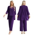 thumbnail image 6 of Yartina Womens 3-Piece Chiffon Lace Pant Suit with Draped Cardigan and Tank Top for Wedding Guest Purple L, 6 of 7