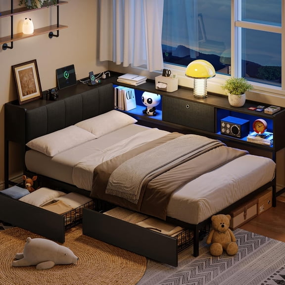 Honfach Twin Corner Bed Frame with Bookcase Storage and LED Lights & Charging Station, Sturdy Platform Daybed with Storage Drawers Underneath for Bedroom ，Black