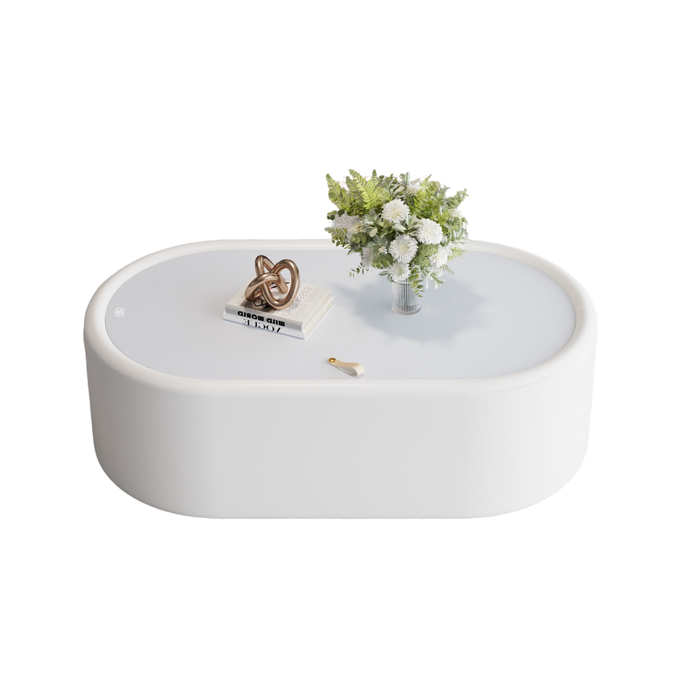 Noble House Morade 33.5" Fluted Curved Rectangle Storage Coffee Table with Glass Top & Leather Wrapped for Living Room, White