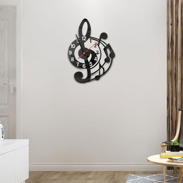 Reloj de pared Música silenciosa Diseño temático Decoración de relojes decorativos para niños Decoración del hogar Decoración del hogar para amantes Negro