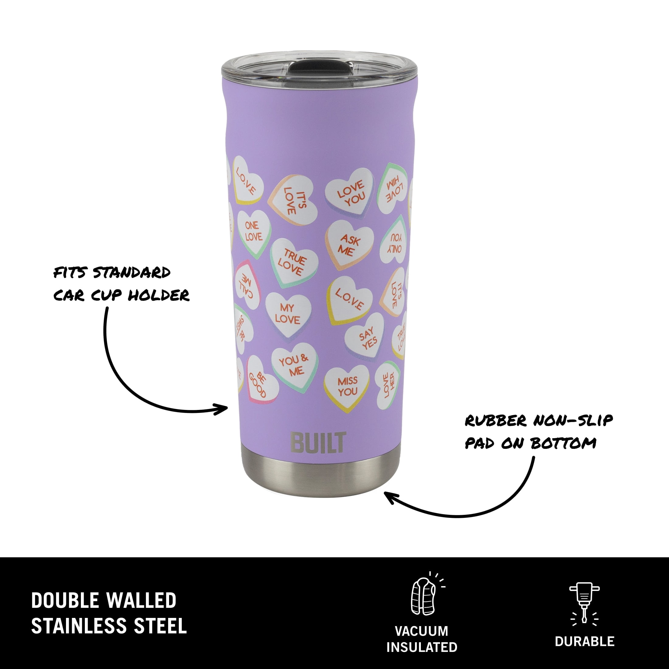 BUILT Torrent Valentine's Day 20 oz Insulated Stainless Steel Tumbler Lavender Conversation Hearts