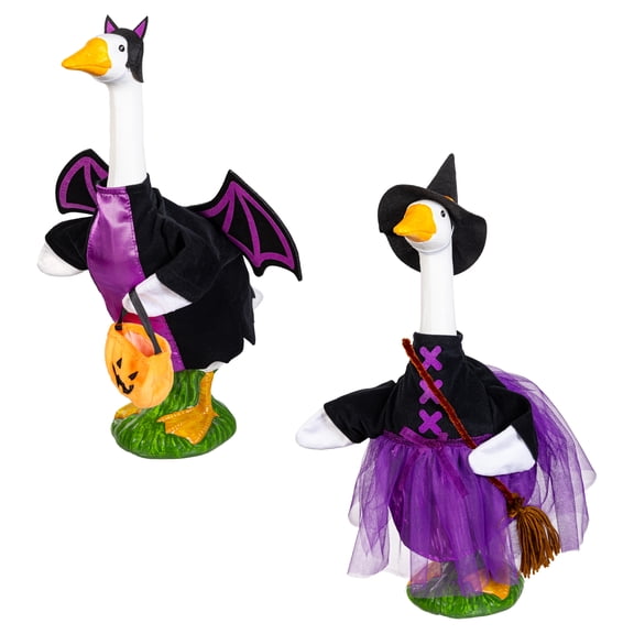 Mainstays Halloween Witch & Bat Porch Goose Outfit, Set of 2, Fits 20" Goose