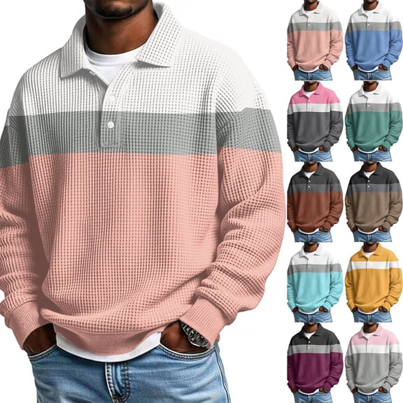 New Striped Waffle Knit Polo Shirt for Men Long Sleeve Textured Color Blocked Relaxed fit Collared Henley Casual Pullover T Shirt Complexion S
