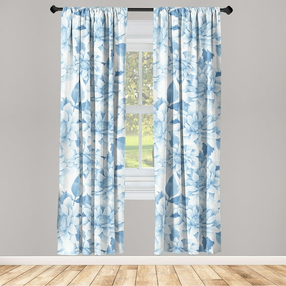 Chrysanthemum Window Curtains, Romantic Winter Colors Floral Drawings with Neutral Leaves Art, Lightweight Decor 2-Panel Set with Rod Pocket, Pair of - 28"x63", Pale Azure Blue Pale Blue, by Ambesonne