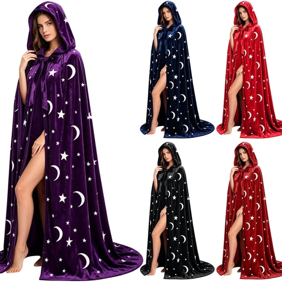 siminsem Halloween Witch Velvet Hooded Cloak Full Length Adult Cape Robe with Neck Tie for Unisex Cosplay Gothic Vampire Medieval Party Fancy Dress 1 Pack, Blue,S