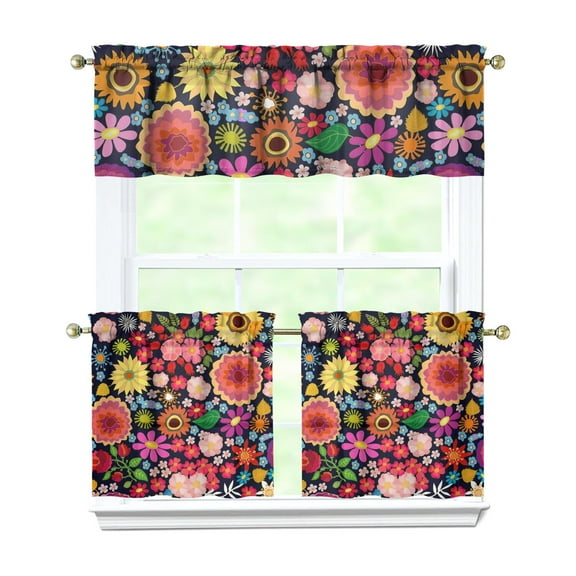 Bohemian Farmhouse Curtains 24" Short - 3 Panel Vintage Floral Set with Wildflowers & Sunshine, Rod Pocket Window Drapes for Rustic Kitchen
