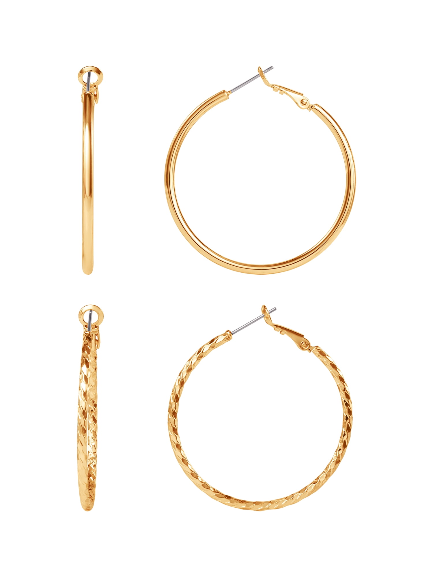 Believe By Brilliance Women's Yellow Gold Plated Polished and Twisted Hoop Earring Set, 2 Pairs