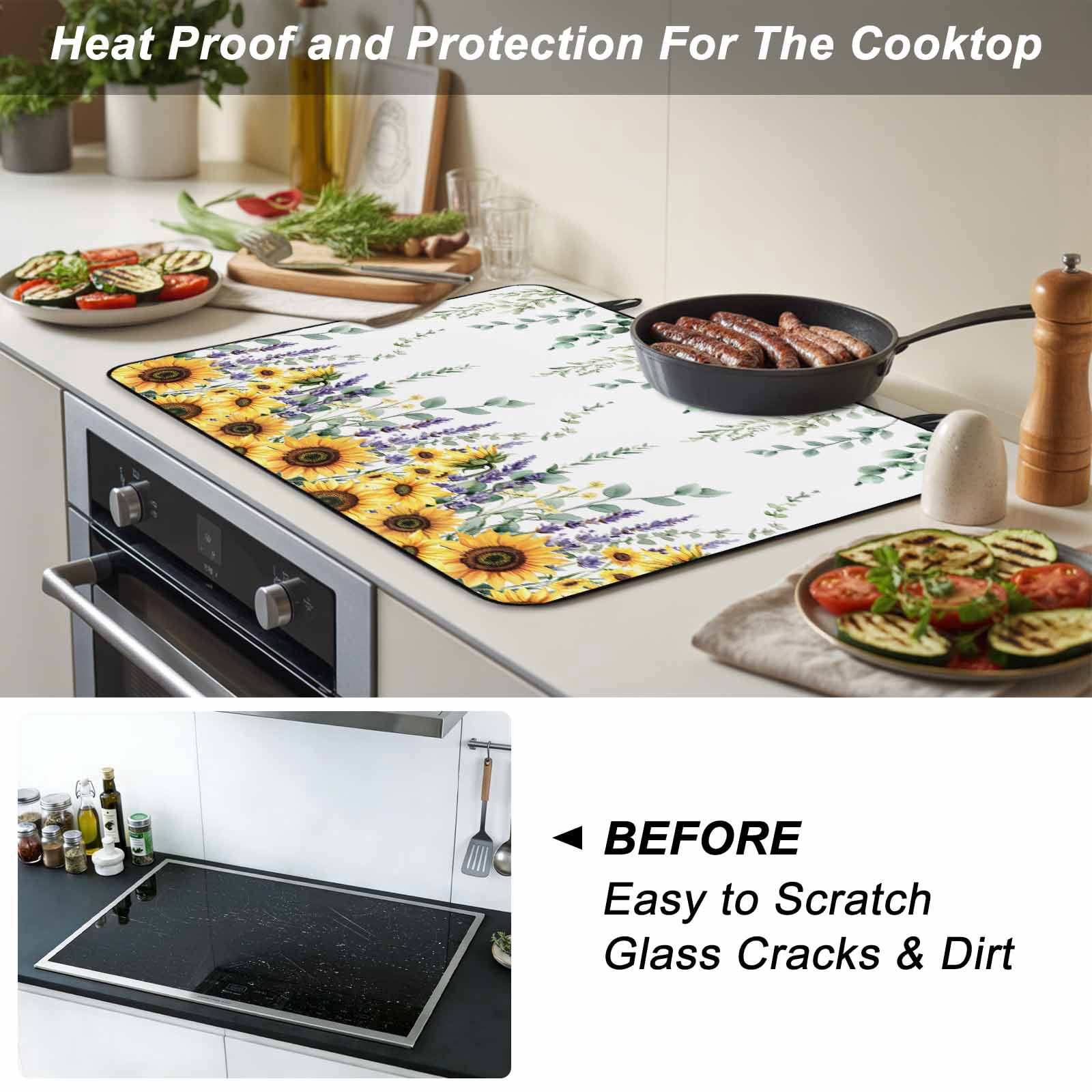 Eucalyptus Leaves Stove Top Cover for Electric Stove, Heat-proof & Non Slip Glass Top Stove Cover Protector, Yellow Sunflower Lavender Farmhouse Kitchen Flat Cooktop Rubber Mat 24x21 Inches