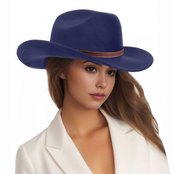 CUZIBR Cowboy Hats For Women Western Cowgirl Solid Color Shapeable Wide Brim Sparkly Rhinestone Glitter Belt Fashionable Classic Rolled Up Caps Elegant Vacation Beach Sun Hat,Navy,One Size