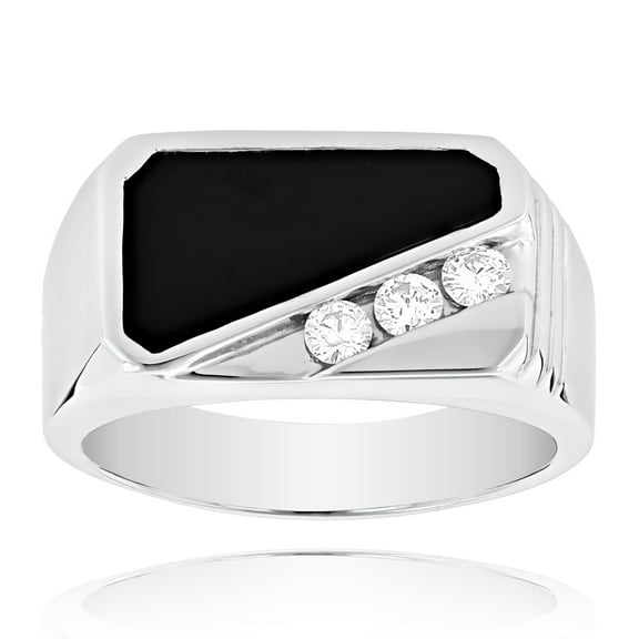 14K Men's Diamond Polished Onyx Ring For Him 0.3 Ctw (White Gold Size 6)
