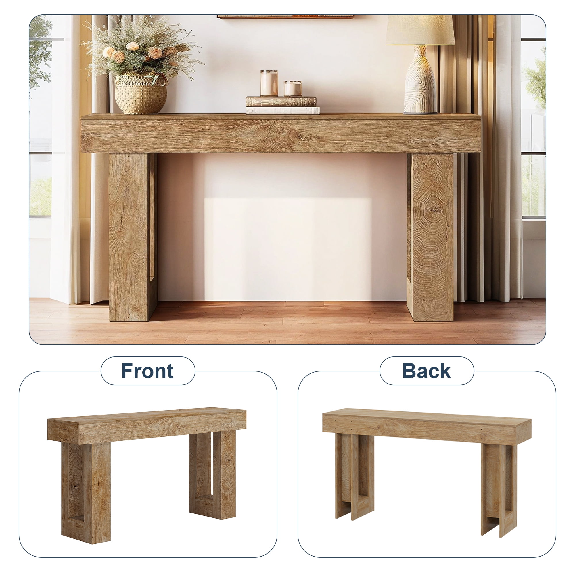 Demi Bonn 63" Console Table, Farmhouse Wooden Sofa Table Entryway Table for Hallway, Entrance, Living Room, Bedroom, Light Brown