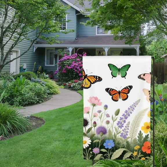 Spring Summer Garden Flag Double Sided Sage Green Leaves and Flowers with Butterflies Welcome Yard House Outside Outdoor Decoration,12*18 inch