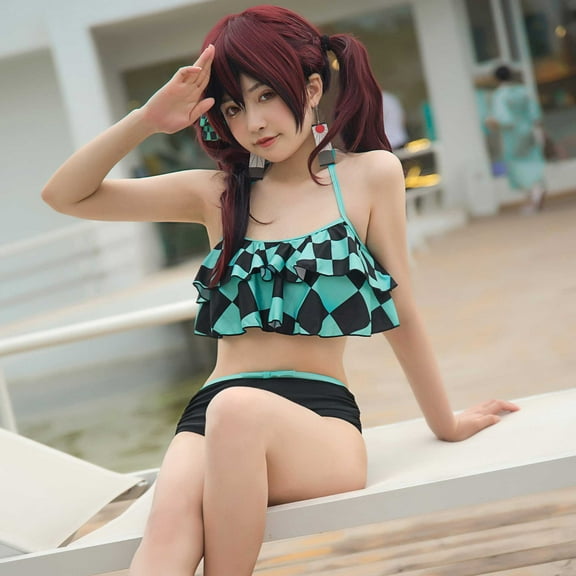 HAIKYUU Women Two Piece Anime Swimsuit Set Halter Lace Up Bathing Suit Green Black Plaid Swimwear Ruffle Bikini Set, M