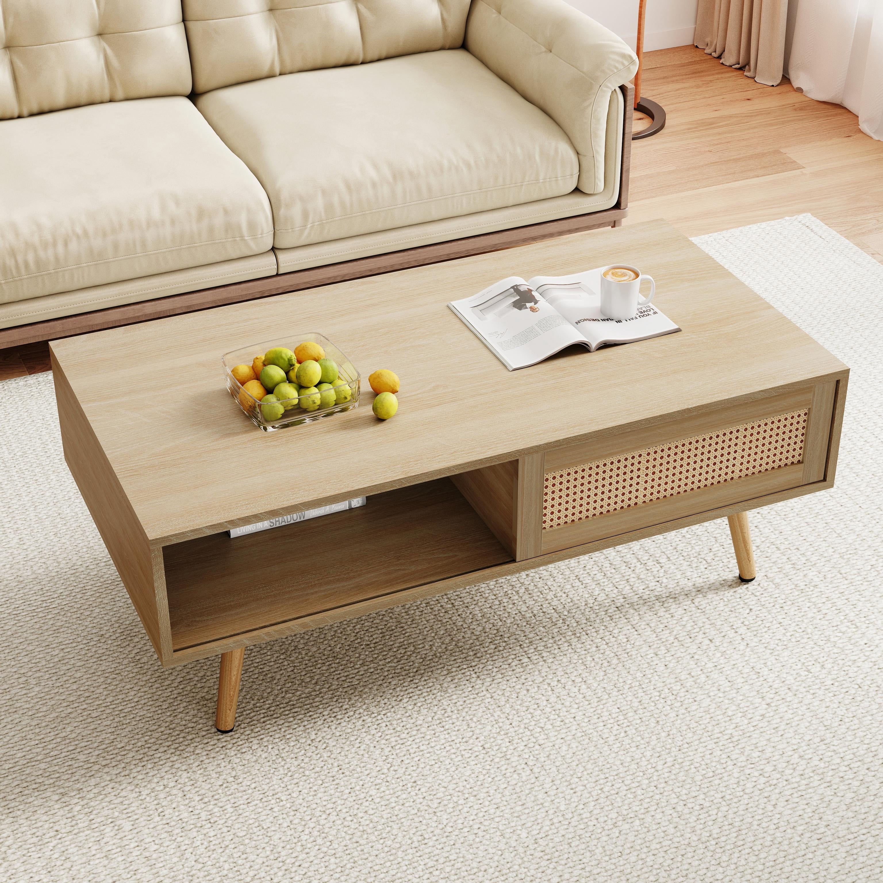 PAPROOS Rattan Coffee Table with Sliding Storage Door, Solid Wood Legs - Ideal for Living Rooms, Natural