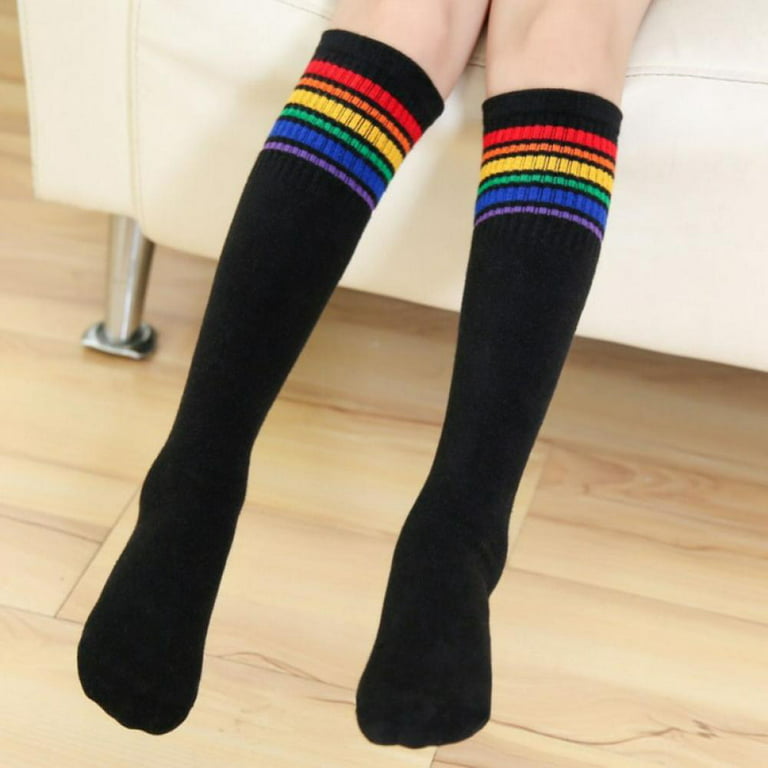 Kids Child Cotton Rainbow Stripes Sport Soccer Team Socks Uniform Tube Cute  Knee High Stocking for Boys Girls 