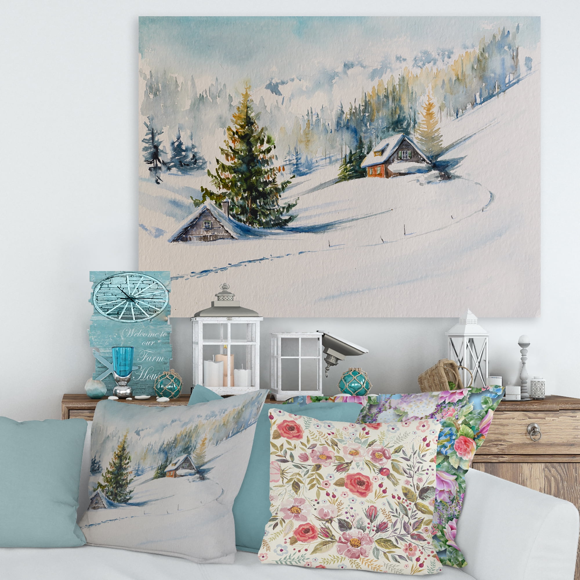 Designart ' The Winter Mountains With Little House ' Traditional Canvas Wall Art Print