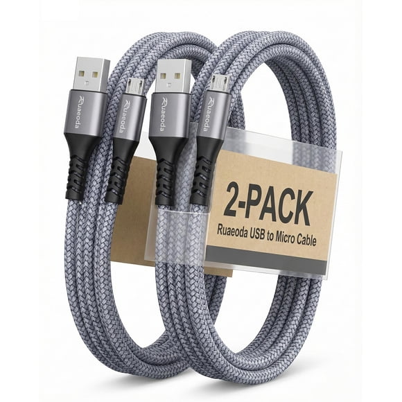 Cable Micro USB Ruaeoda de 1,8 m, resistente, trenzado, paquete de 2