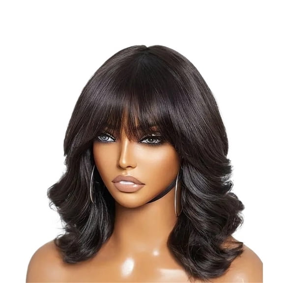 220% Density Body Wave Bob Wig with Bangs Short Full Machine Made Human Hair Wigs Loose