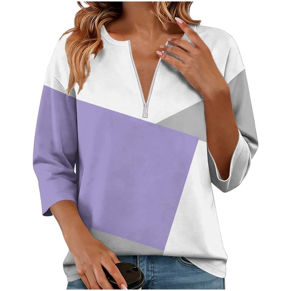 VEKDONE Women's Color Block Tops Half Zip V Neck T Shirts 3/4 Length Sleeve Loose Fit Blouse Summer Fashion Tunic Tops Purple XXL