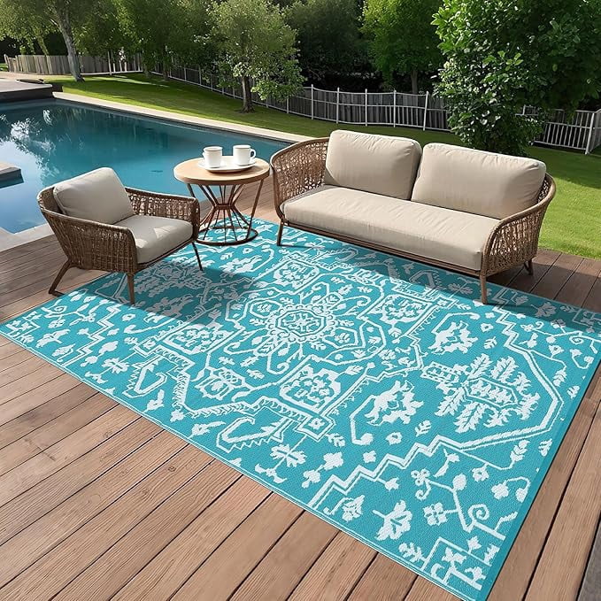 Waterproof Outdoor Rug 9x18 Reversible Plastic Straw Patio Rug, Stain-Resistant Vintage Medallion Carpet, Large Indoor Outdoor RV Mat for Deck, Camping, Balcony, Light Blue/White