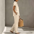 thumbnail image 5 of Cagogo Women Plus Size 2 Piece Short Sleeve Set Loose Open Front Shirt Wide Leg Pants Casual Summer Boho Vacation Outfits Cruise Airport Travel Clothes Solid Lounge Matching Sets, Khaki L, 5 of 7
